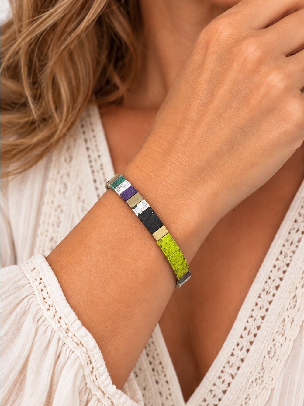 Colorful Mixed Media Stretch Bracelet Green Gold Black Purple